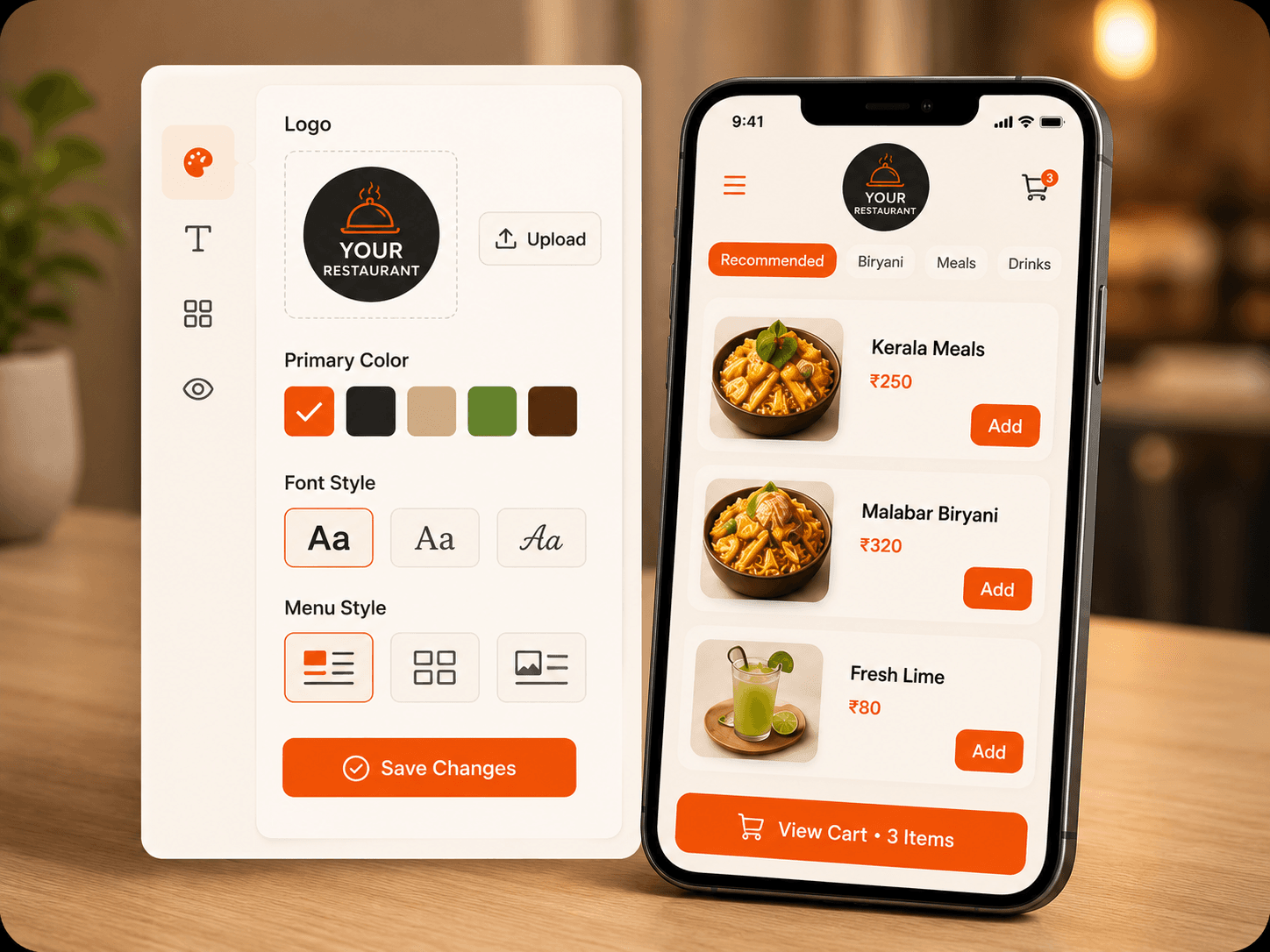 Restaurant menu branding controls with logo colors fonts and live preview