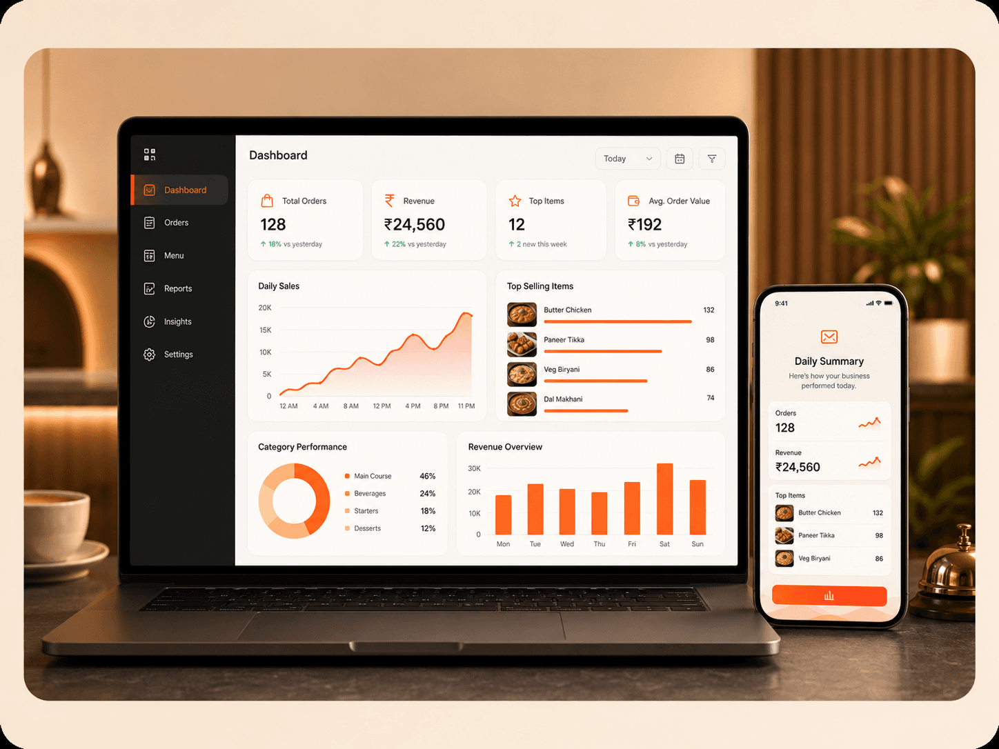 Business dashboard showing restaurant orders revenue reports and top selling items