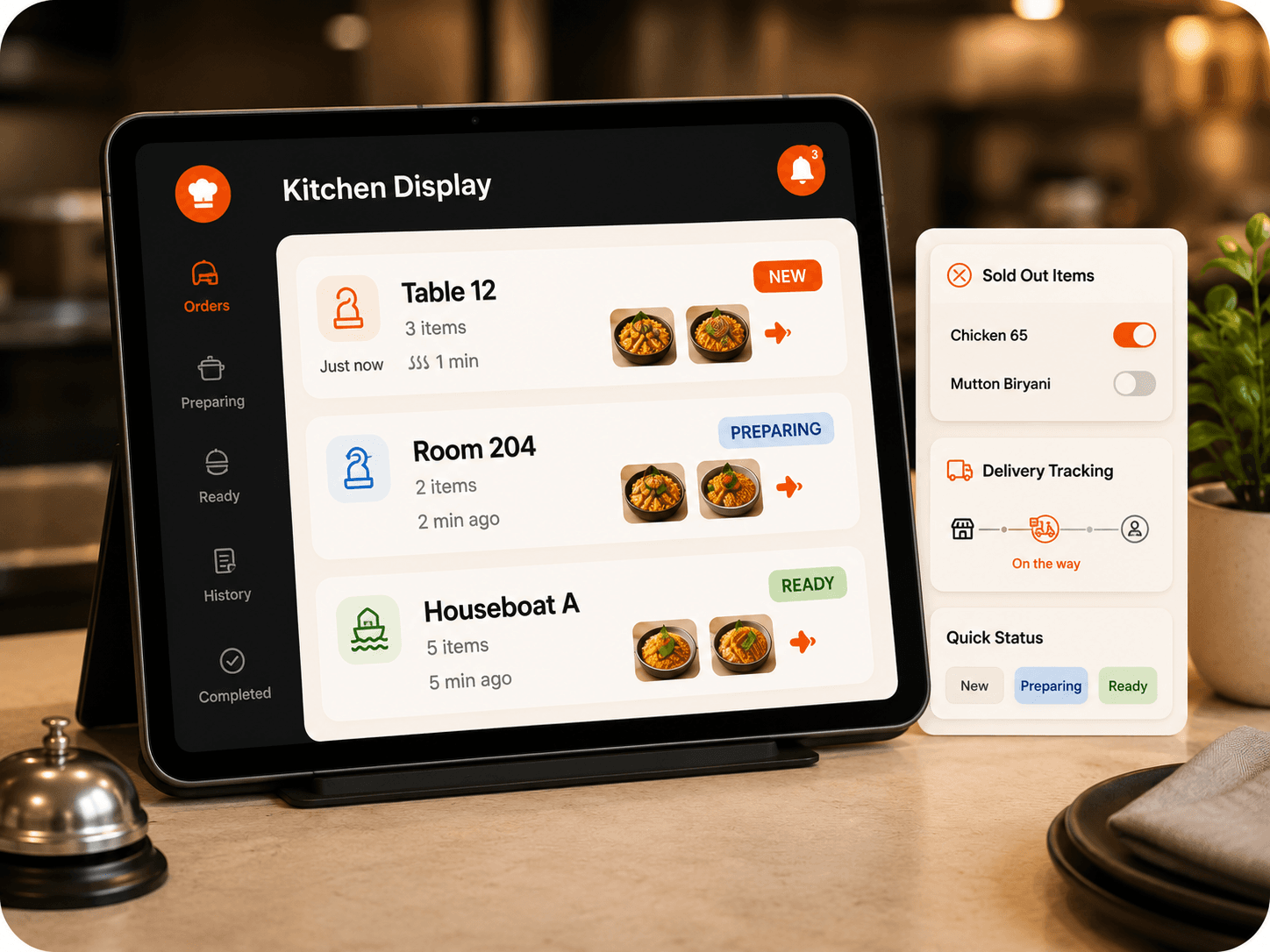 Kitchen display and operations workflow for live restaurant orders