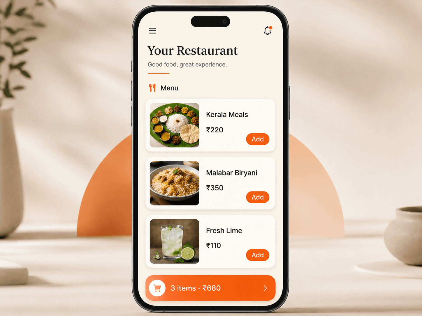 Mobile restaurant menu with food items and add buttons