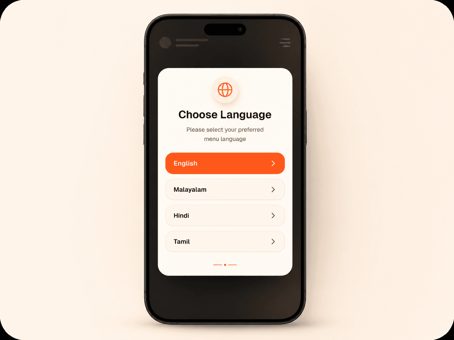 Mobile language selection screen for choosing menu language