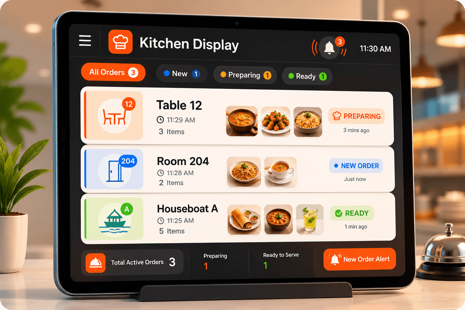 Kitchen display tablet showing live incoming orders
