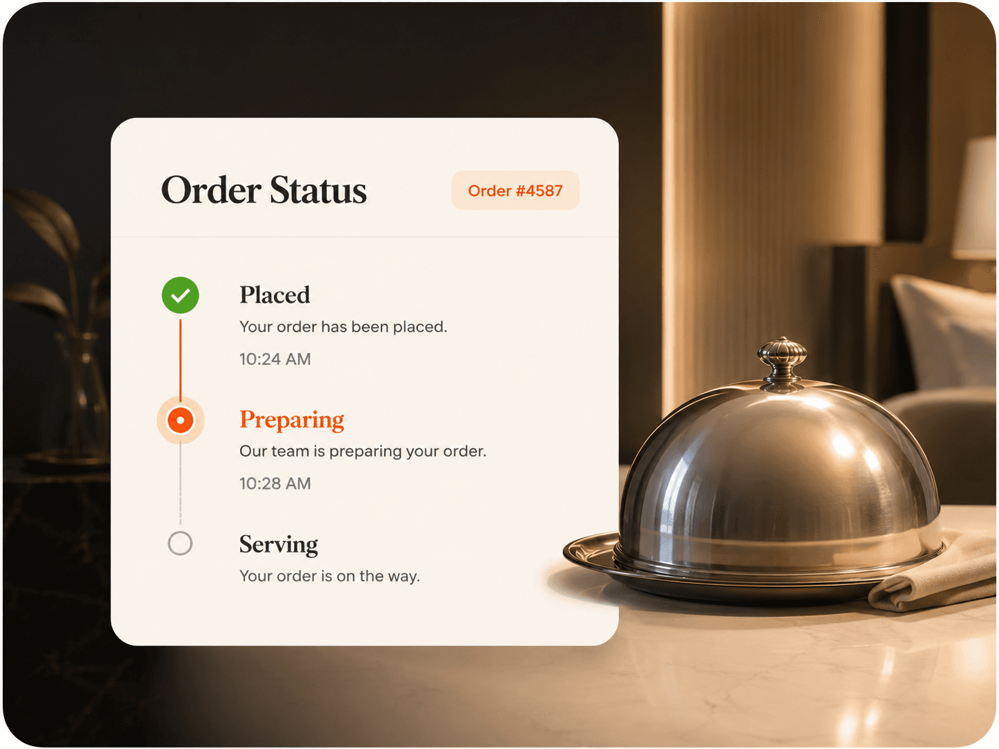 Order status tracking screen showing placed preparing and serving